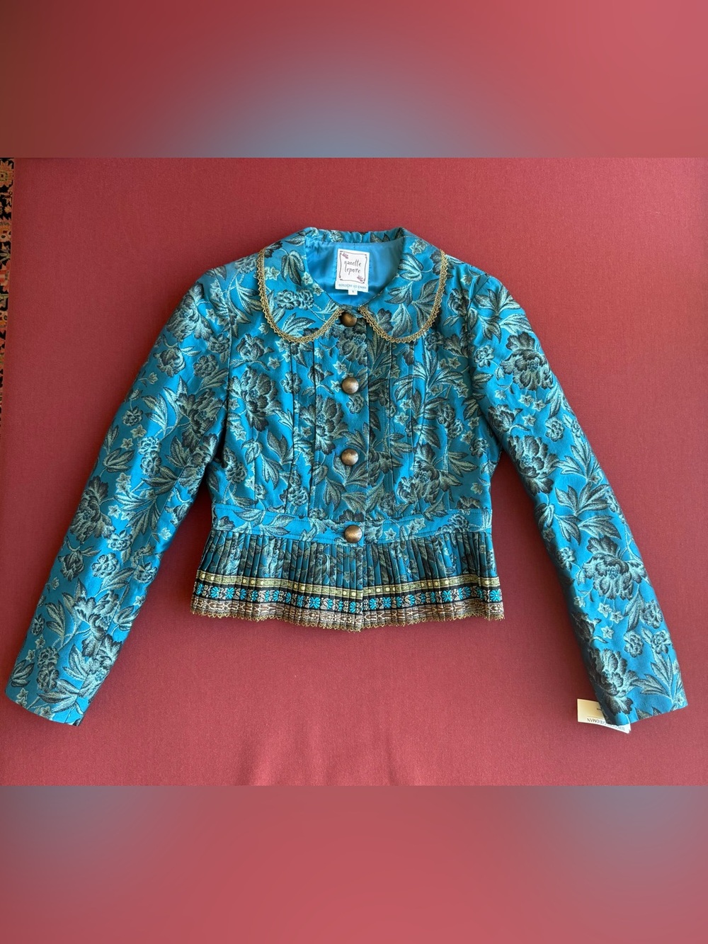 NWT Nanette Lepore Bergdorf Goodman Turquoise Brocade Peplum Jacket Size 8